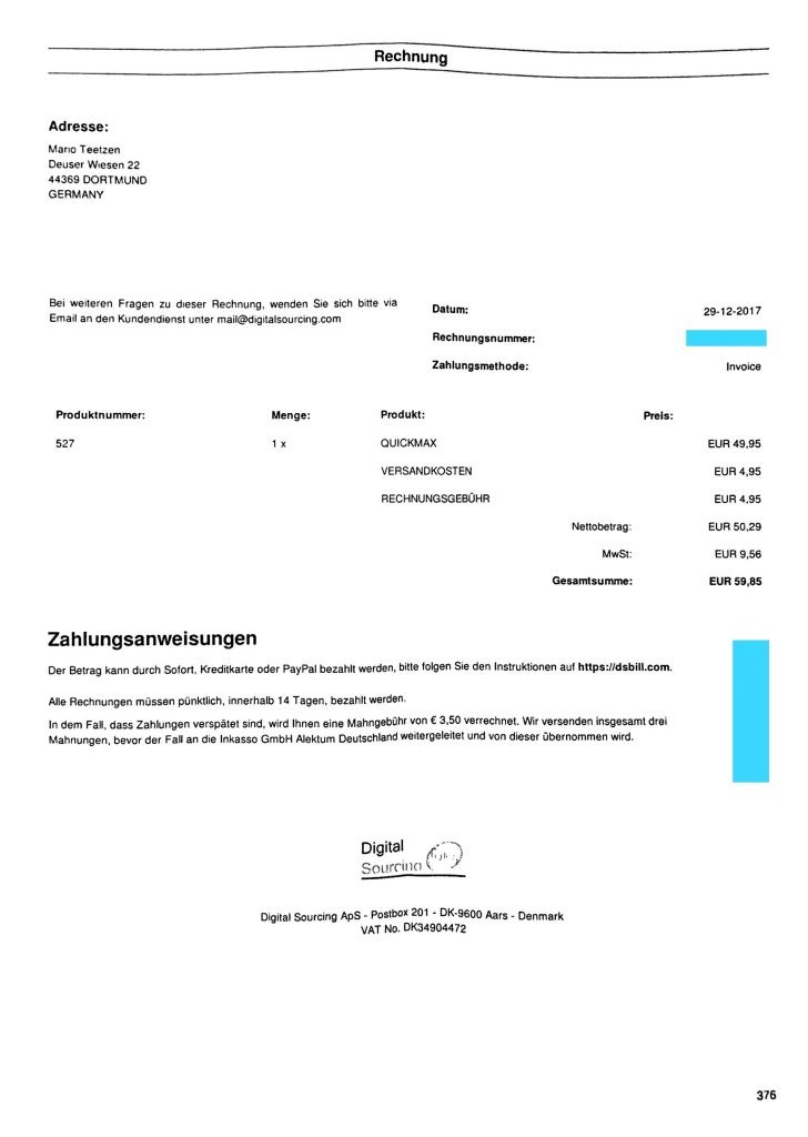 Unbestellte Ware - hohe Rechnung von Digital Sourcing