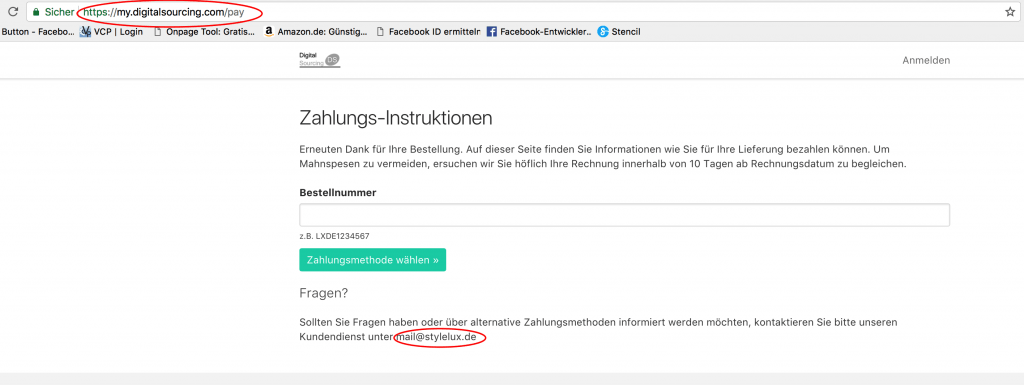 Screenshot - Bezahlseite mit interessanter Mailadresse