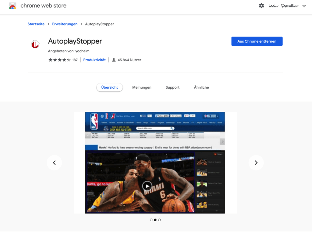 Screenshot AutoplayStopper im Chrome Web Store